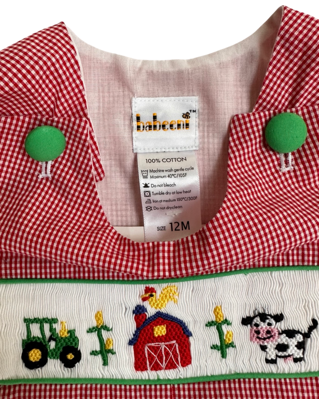 12M Baby Boy Babeeni Red Gingham Smocked Tractor Farm Romper