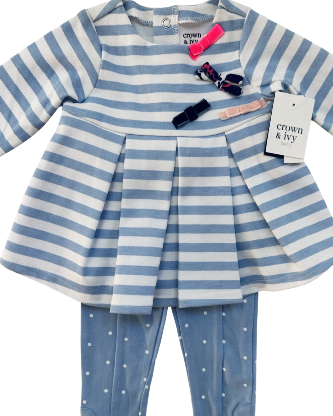 9M Baby Girl Crown & Ivy Blue Striped Long Sleeve Top with Matching Leggings Outfit