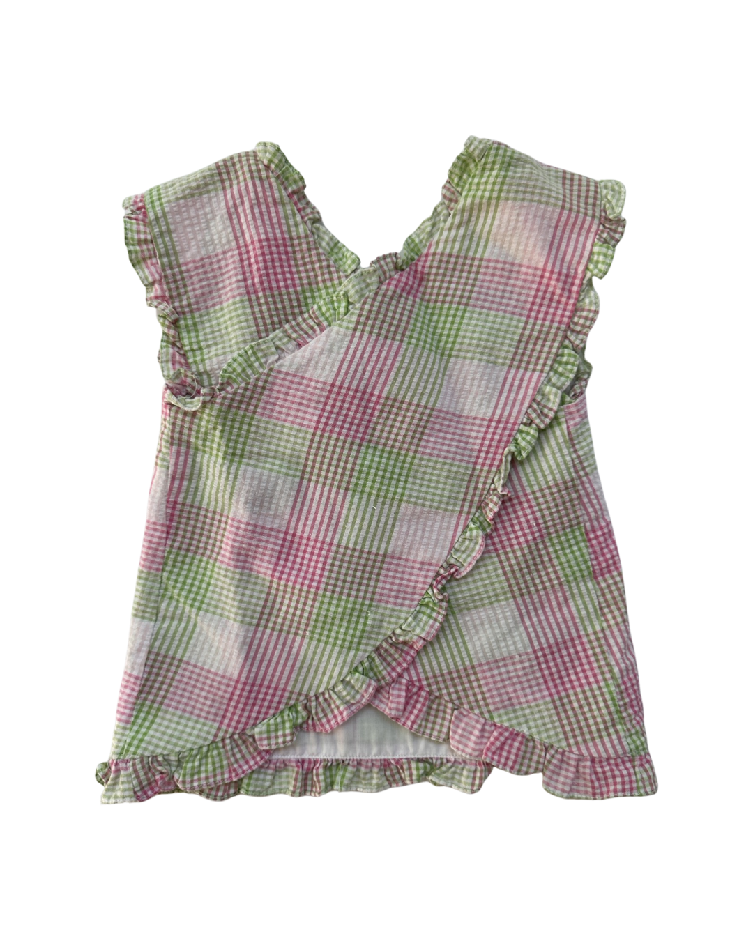 9M Baby Girl Petit Ami Pink / Green Plaid Cross Back Pinafore Top and Ruffle Bottom Bloomers