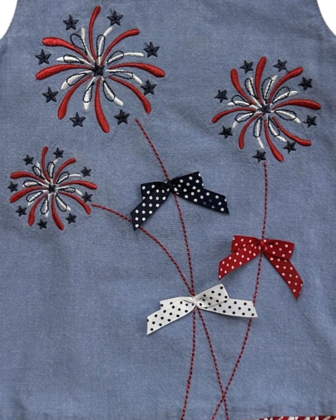12M Baby Girl Bonnie Baby Chambray Patriotic Dress with Embroidered Fireworks and Red / White & Blue Bows