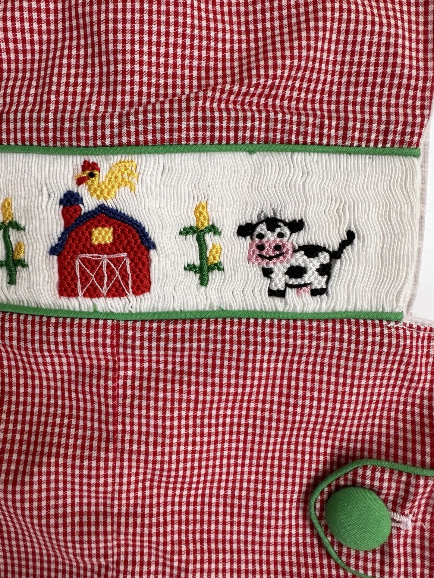 12M Baby Boy Babeeni Red Gingham Smocked Tractor Farm Romper
