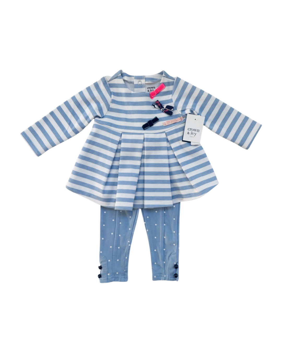 9M Baby Girl Crown & Ivy Blue Striped Long Sleeve Top with Matching Leggings Outfit