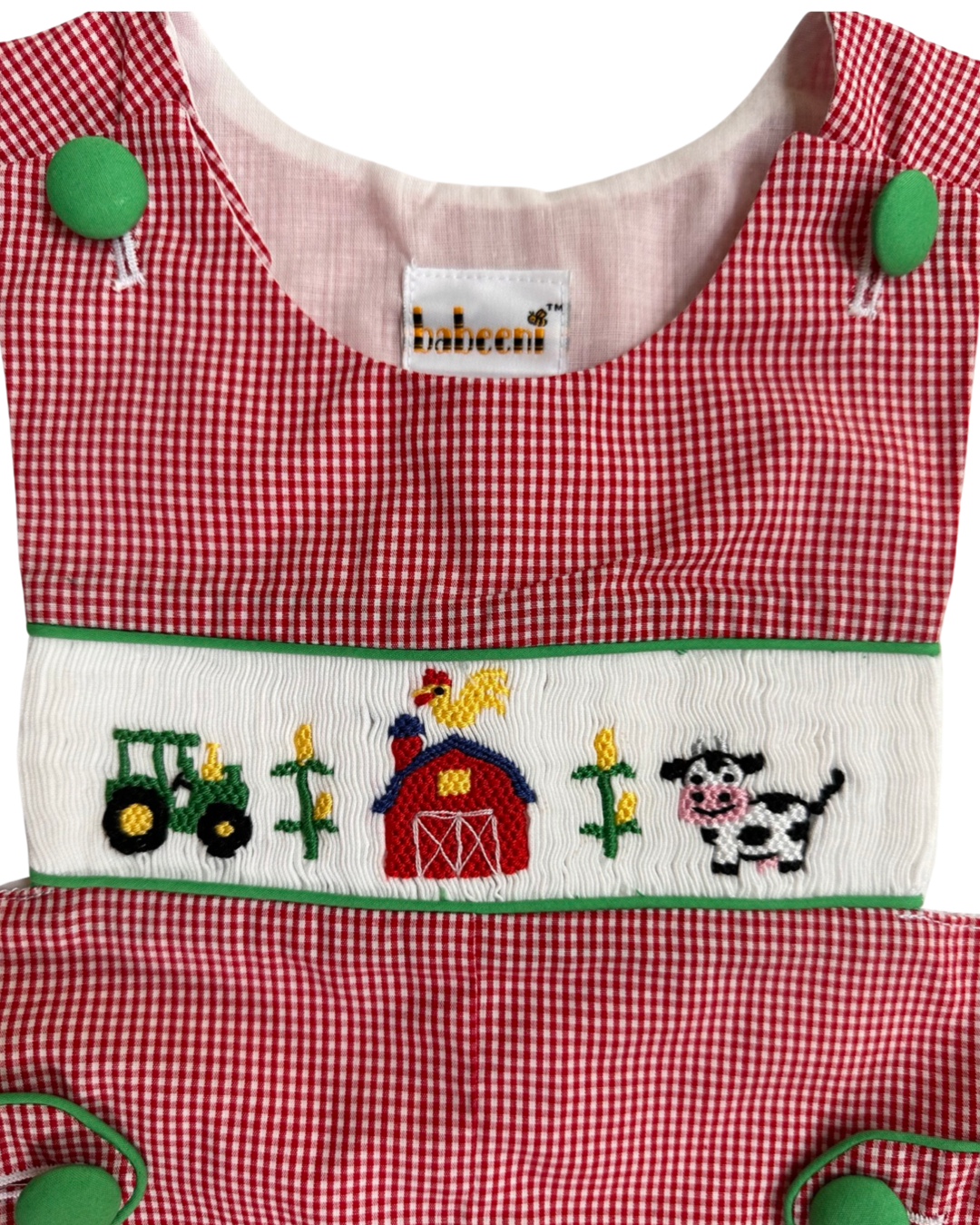 12M Baby Boy Babeeni Red Gingham Smocked Tractor Farm Romper