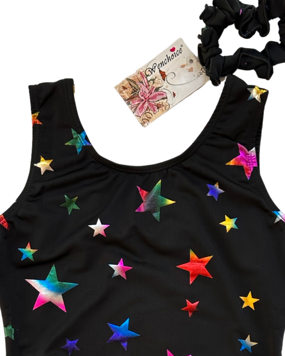 Youth Girls Size 12Y /14Y Black Dance / Gymnastics Leotard with Shimmer Iridescent Stars and Matching Scrunchie