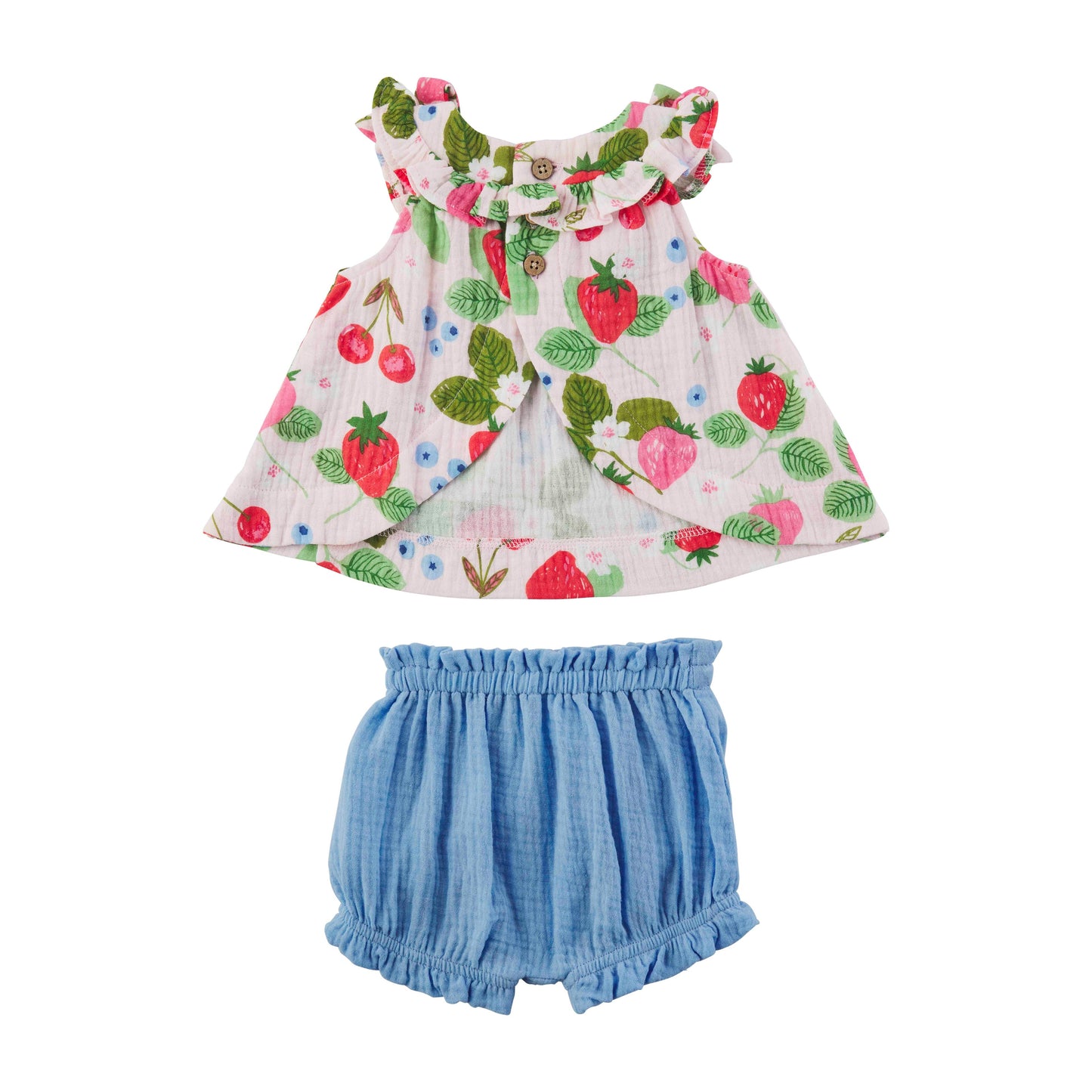 3-6M Baby Girl Mud Pie Muslin Strawberry Swing Pinafore Top and Matching Bloomers