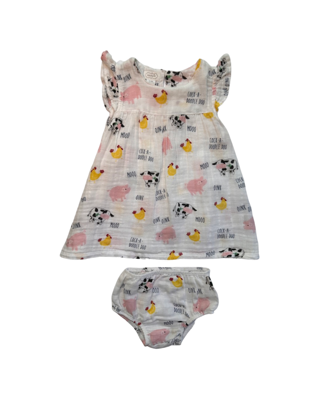 9M Baby -12M Baby Girl Mud Pie Farm Animal Muslin Dress w/ Bloomers