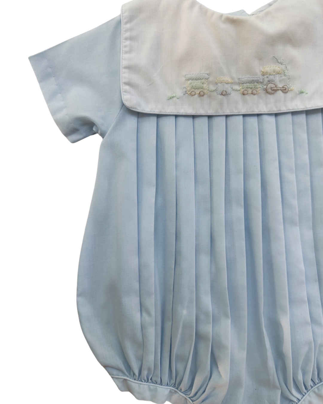 6M Baby Boy Classic Petit Ami Light Blue Bubble with Embroidered Train Collar