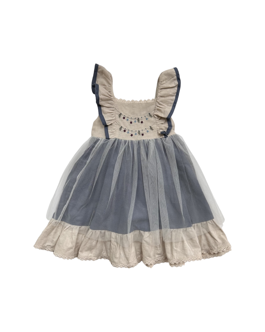 4T Toddler Girl Only Little Once Flutter Sleeve Tulle Dress with Floral Embroidered Top