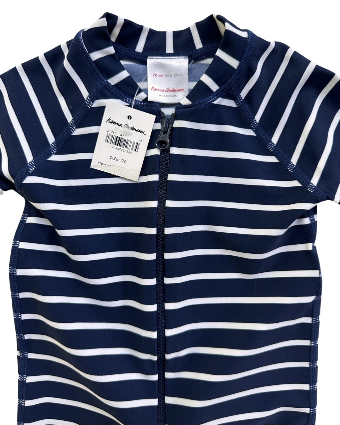 6M-12M Baby Boy Hanna Andersson Navy / White Striped RashGuard Swim Suit & Matching Sun Hat
