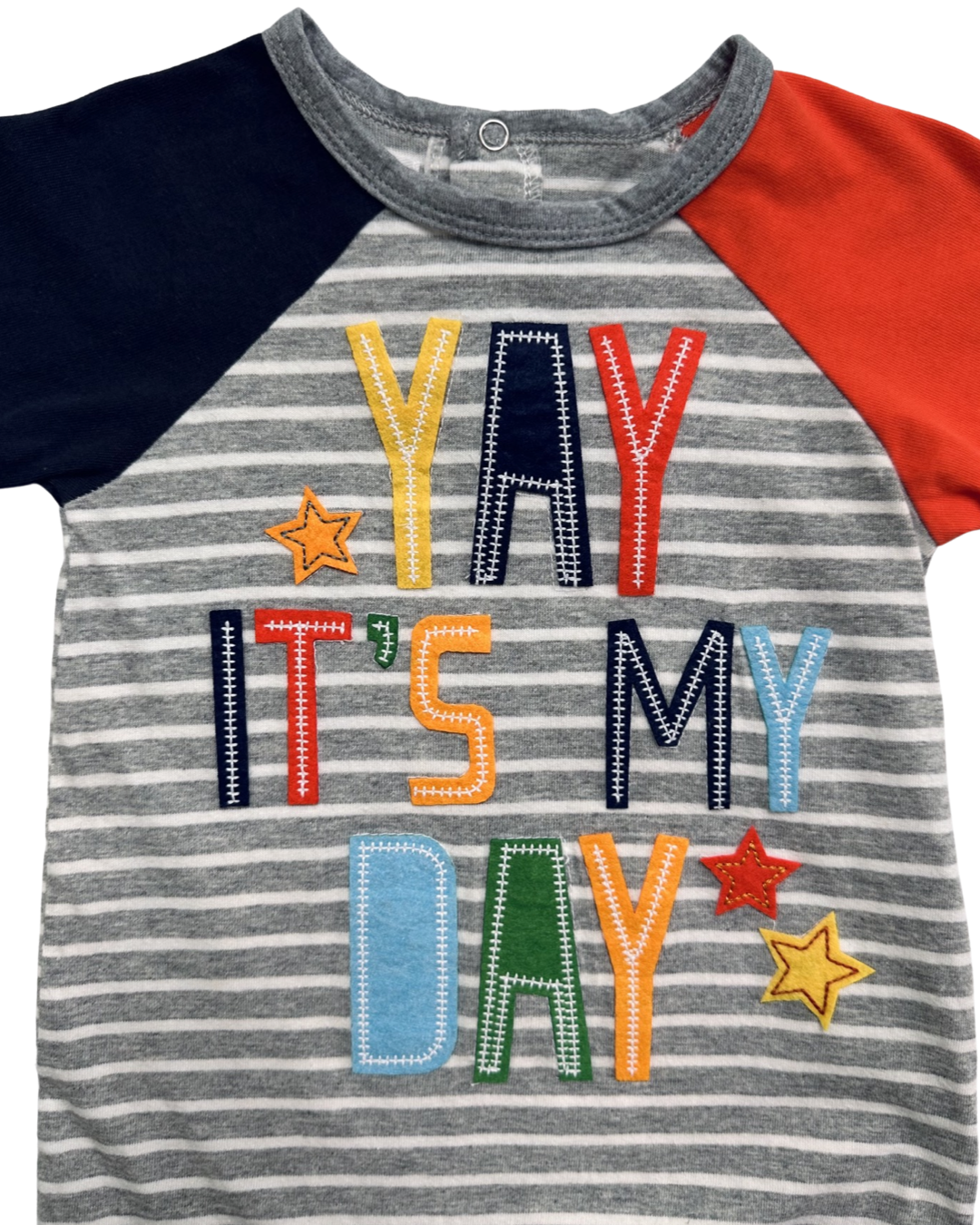 12M-18M Baby Boy MudPie “Yay It’s My Day” Gray Striped Romper