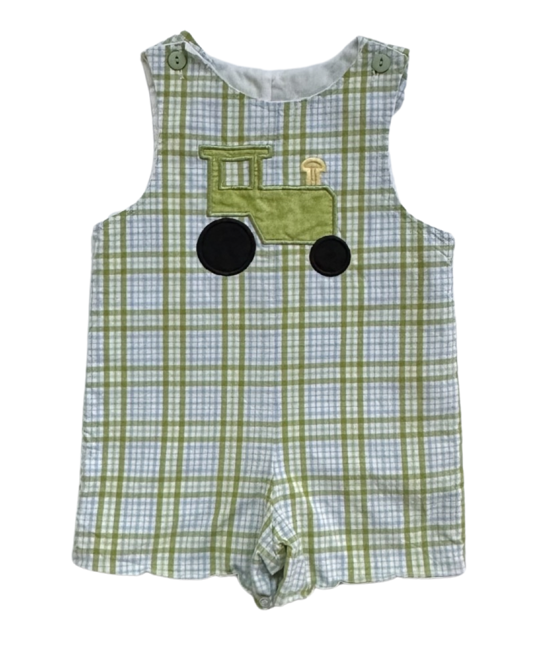 24M Baby Boy Glorimont Green / Blue Plaid Tractor John John Romper