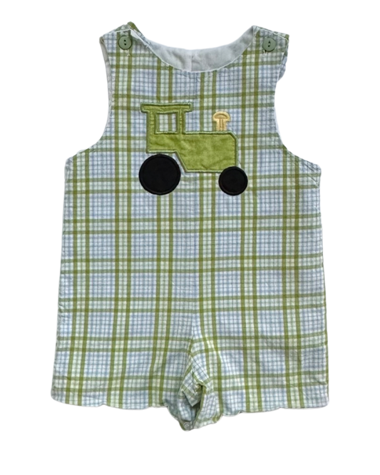 24M Baby Boy Glorimont Green / Blue Plaid Tractor John John Romper