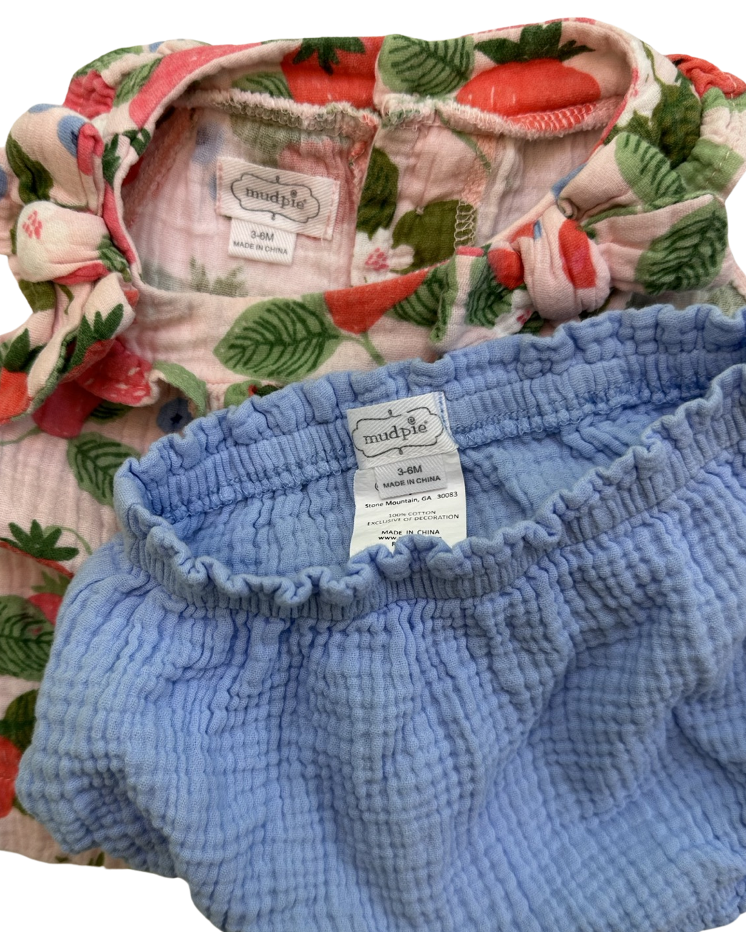 3-6M Baby Girl Mud Pie Muslin Strawberry Swing Pinafore Top and Matching Bloomers