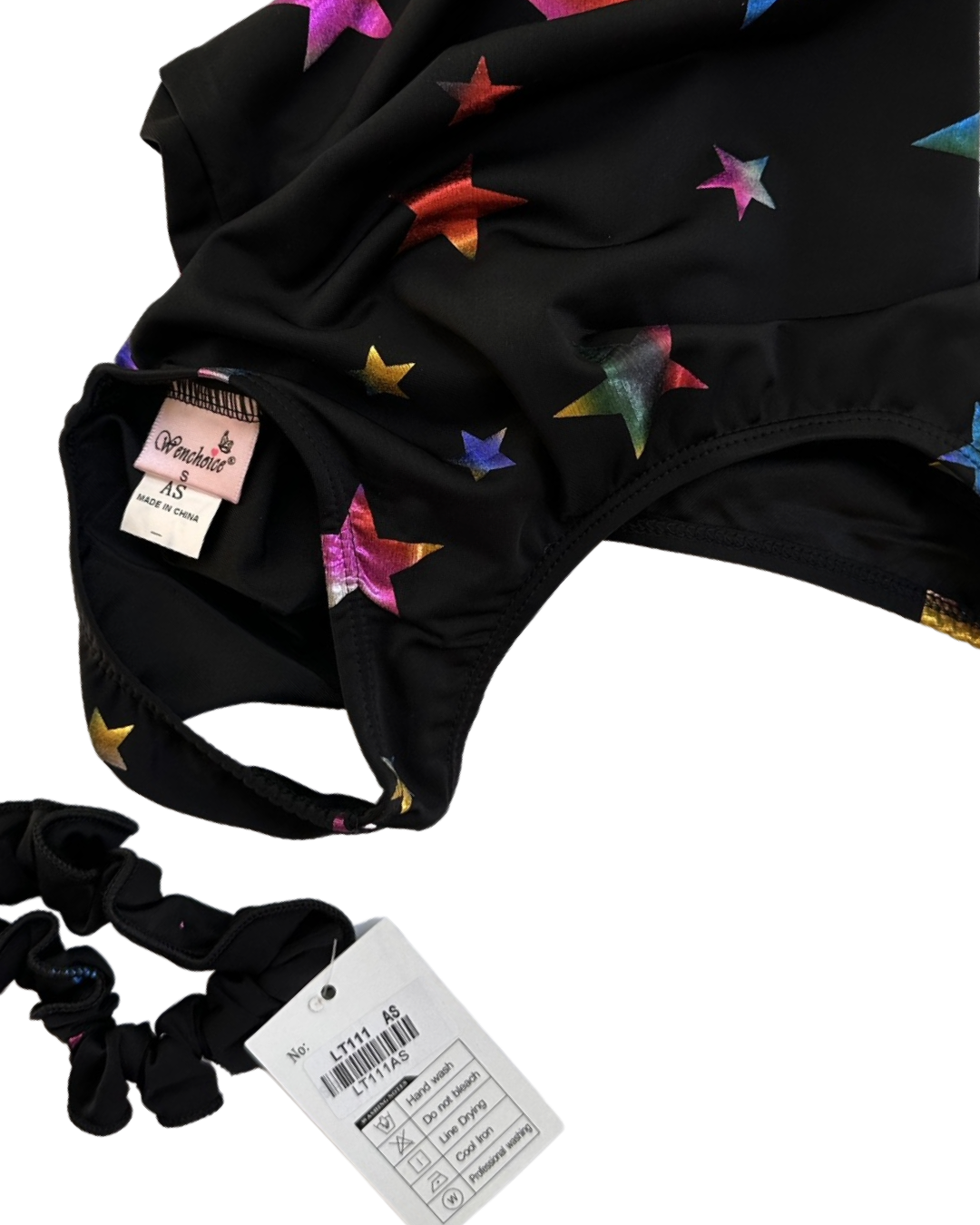 Youth Girls Size 12Y /14Y Black Dance / Gymnastics Leotard with Shimmer Iridescent Stars and Matching Scrunchie