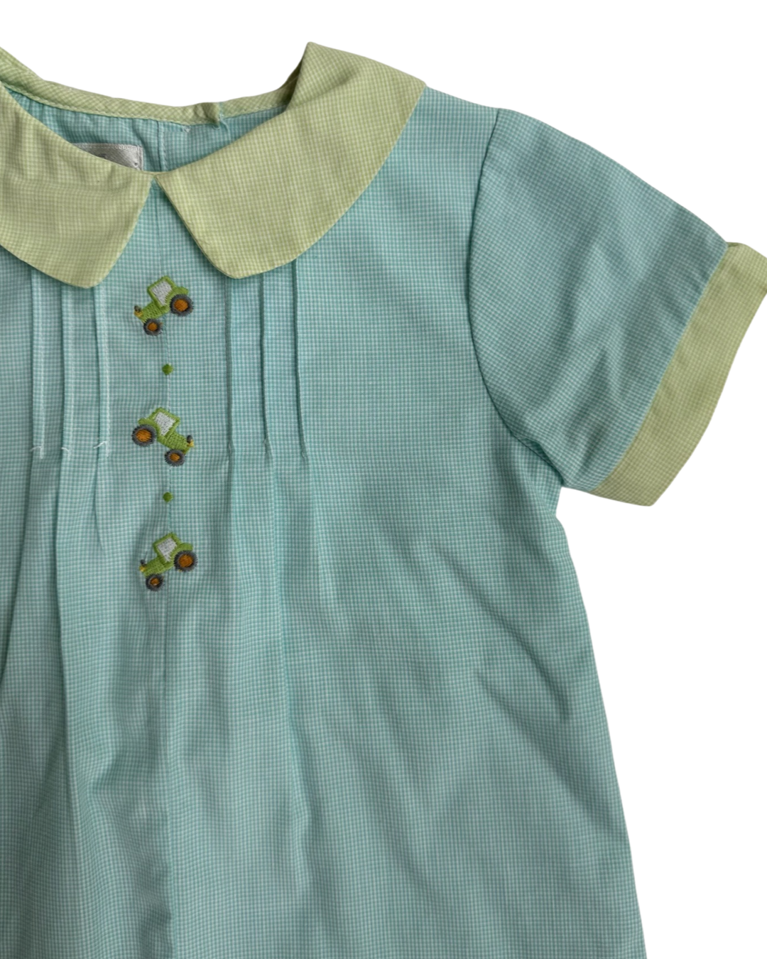 12M Baby Boy Petit Ami Aqua / Green Gingham Tractor Romper