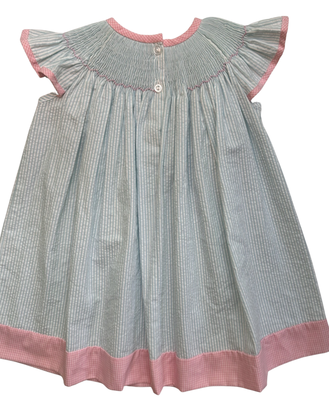 12M Baby Girl Blue / Pink Classic Whimsy Smocked Bunny Bum Flutter Sleeve Dress
