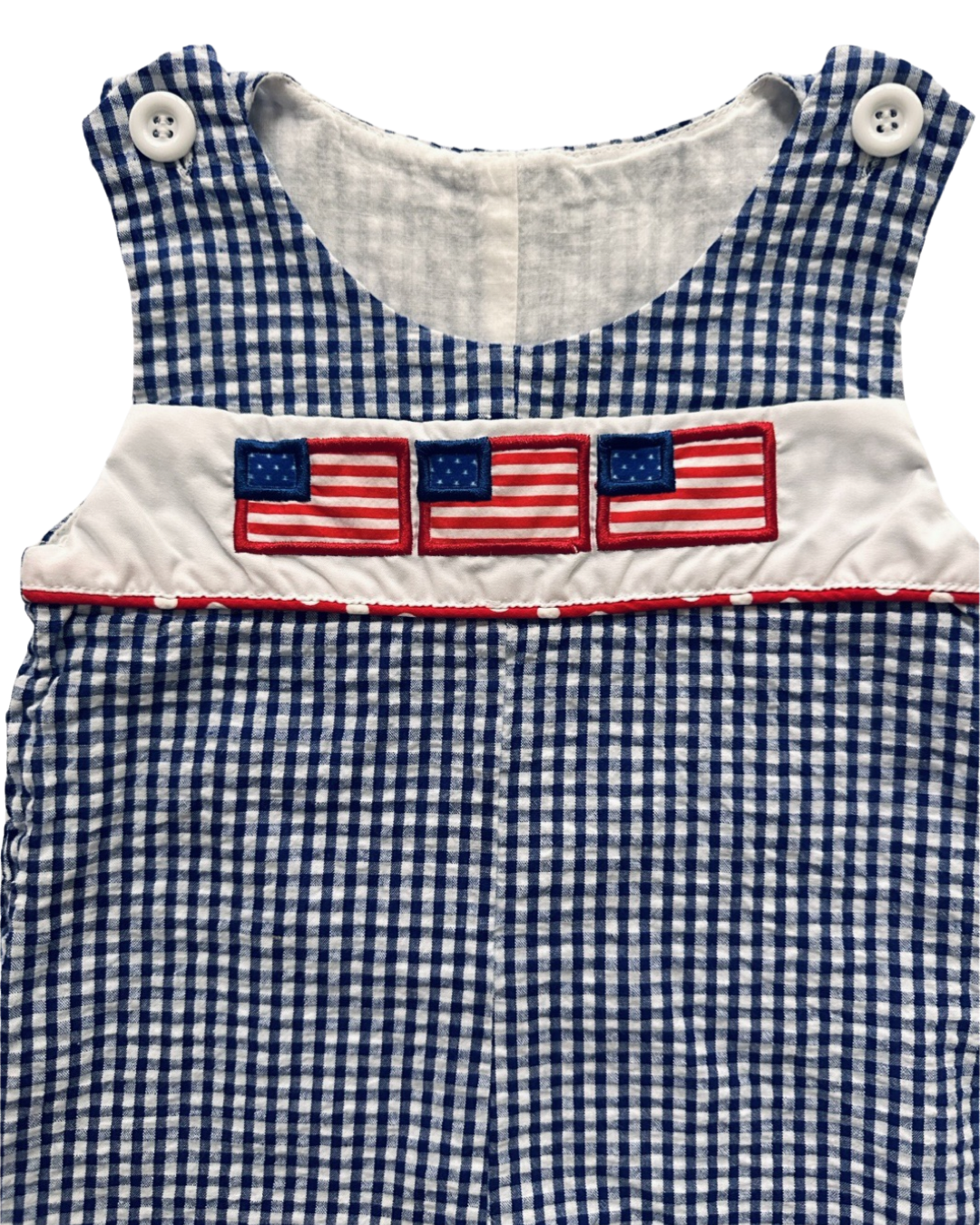 6-12M Baby Boy XS Blue Gingham American Flag Embroidered Shortie Romper