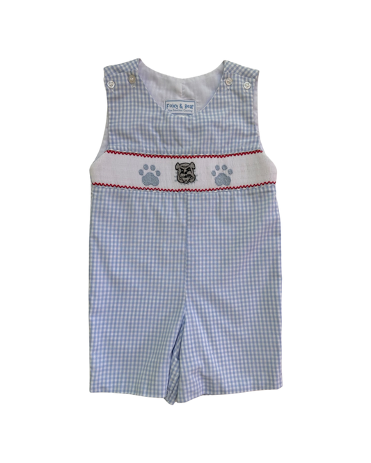 2T Toddler Boy Blue Gingham Foxy & Bear Smocked Bulldog Romper