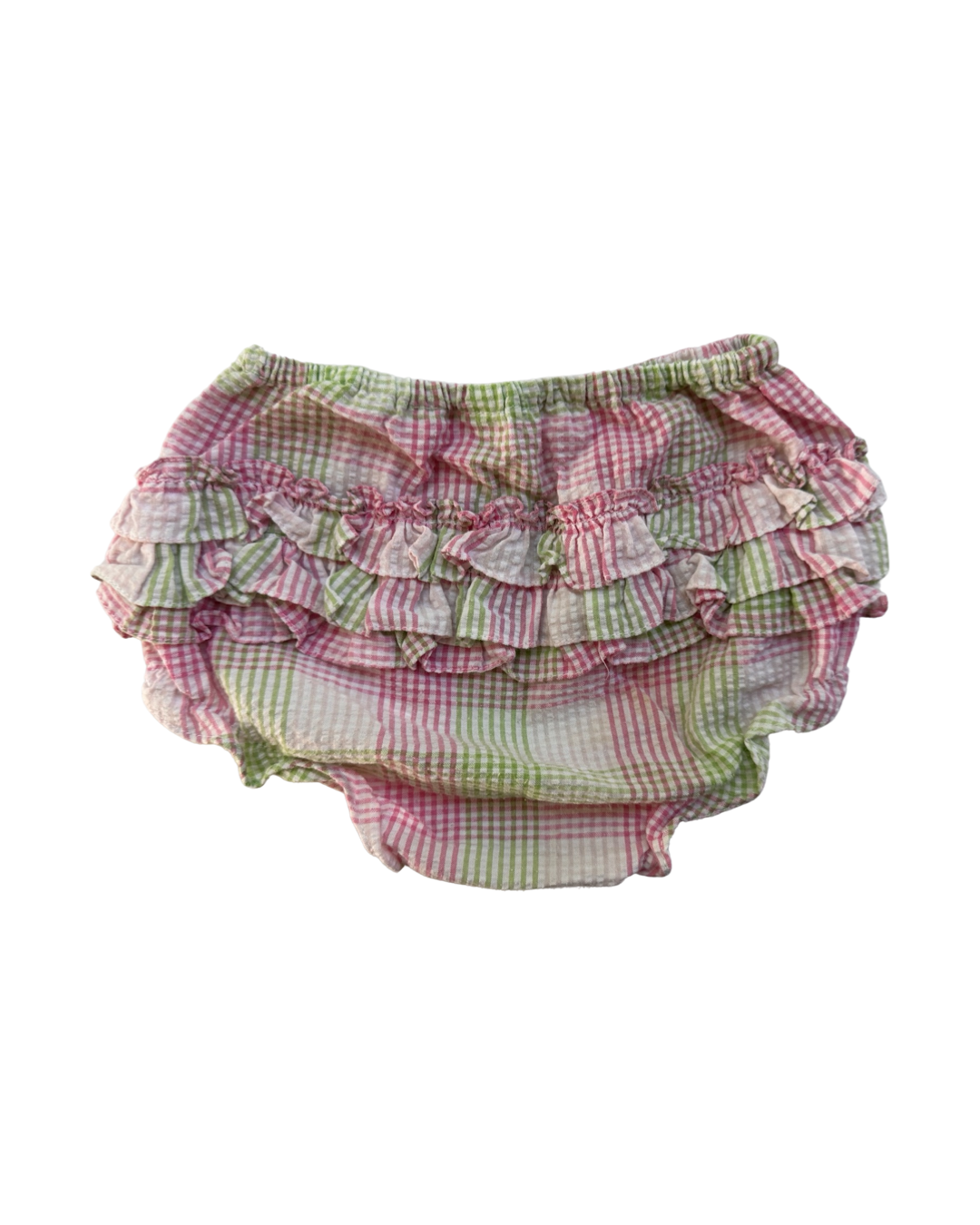 9M Baby Girl Petit Ami Pink / Green Plaid Cross Back Pinafore Top and Ruffle Bottom Bloomers