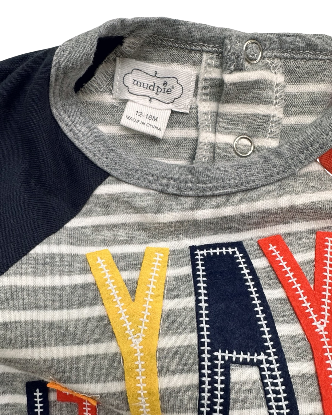 12M-18M Baby Boy MudPie “Yay It’s My Day” Gray Striped Romper