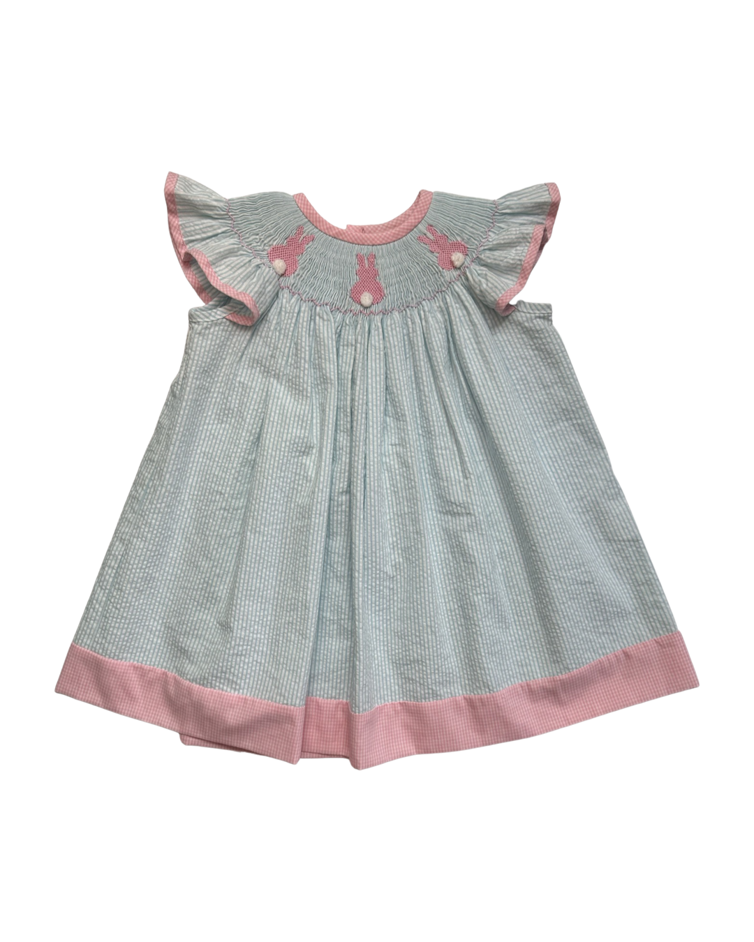 12M Baby Girl Blue / Pink Classic Whimsy Smocked Bunny Bum Flutter Sleeve Dress