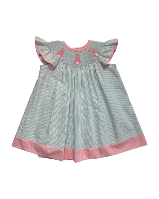 12M Baby Girl Blue / Pink Classic Whimsy Smocked Bunny Bum Flutter Sleeve Dress