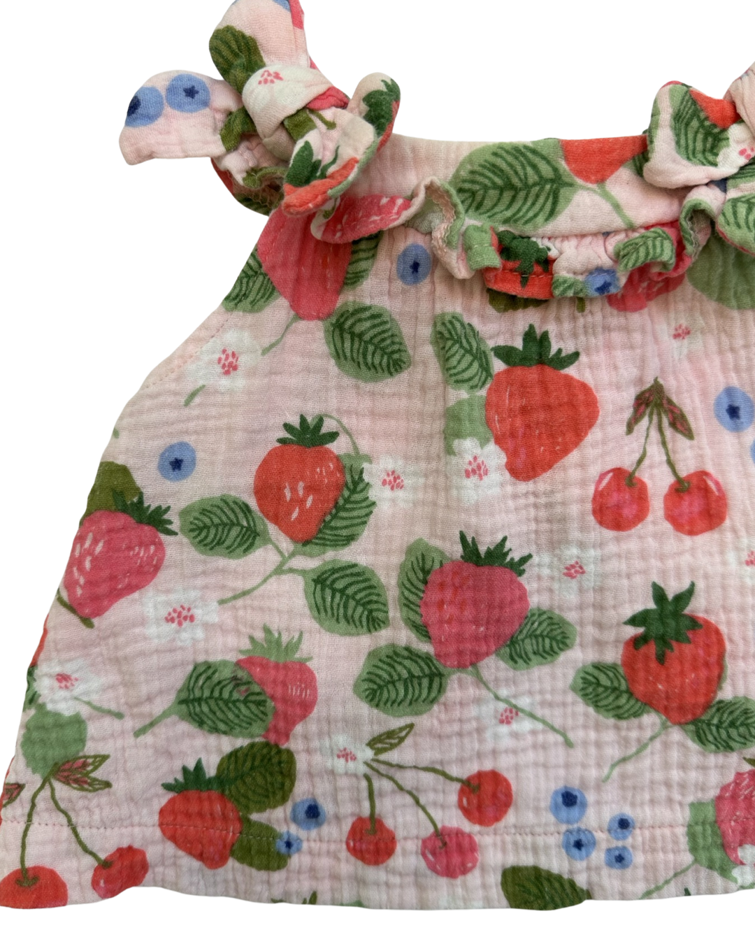 3-6M Baby Girl Mud Pie Muslin Strawberry Swing Pinafore Top and Matching Bloomers