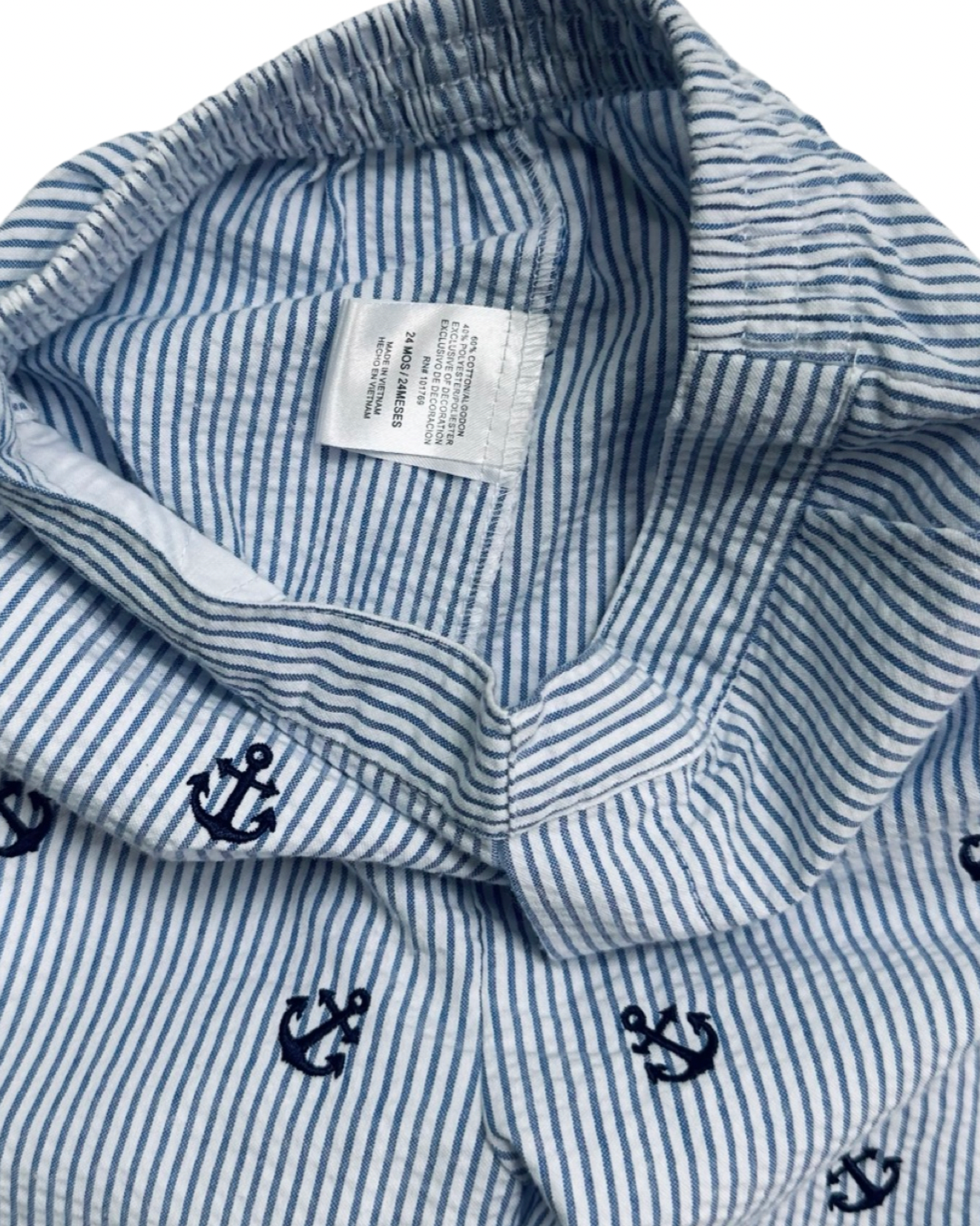 24M Baby Boy Blue Striped Seersucker Shorts with Navy Embroidered Anchors