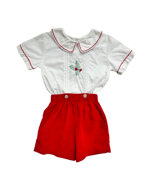 2T Toddler Boy Little English Hand Embroidered Christmas Holly Top w/ Red Corduroy Shorts