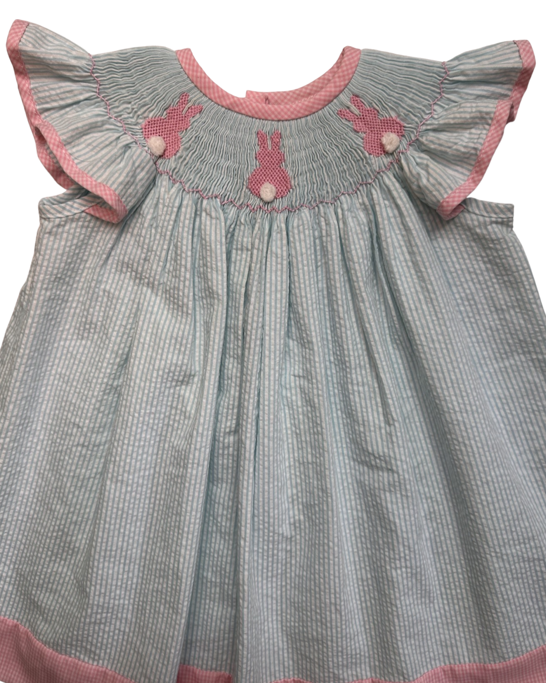 12M Baby Girl Blue / Pink Classic Whimsy Smocked Bunny Bum Flutter Sleeve Dress