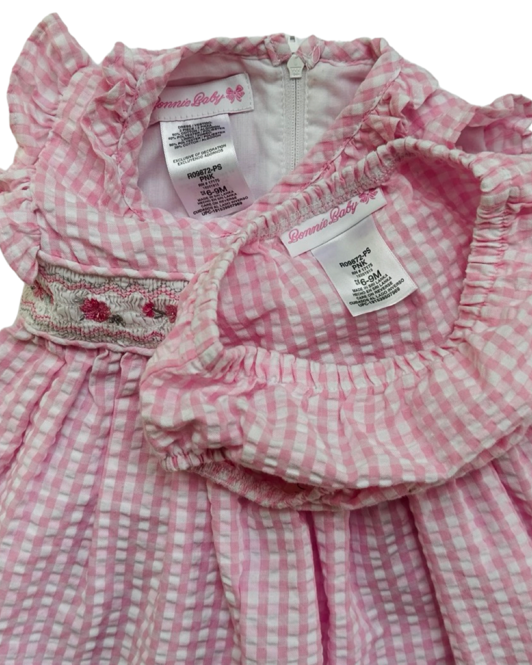 6-9M Baby Girl Pink Gingham Bonnie Baby Smocked Floral Dress with Bloomers