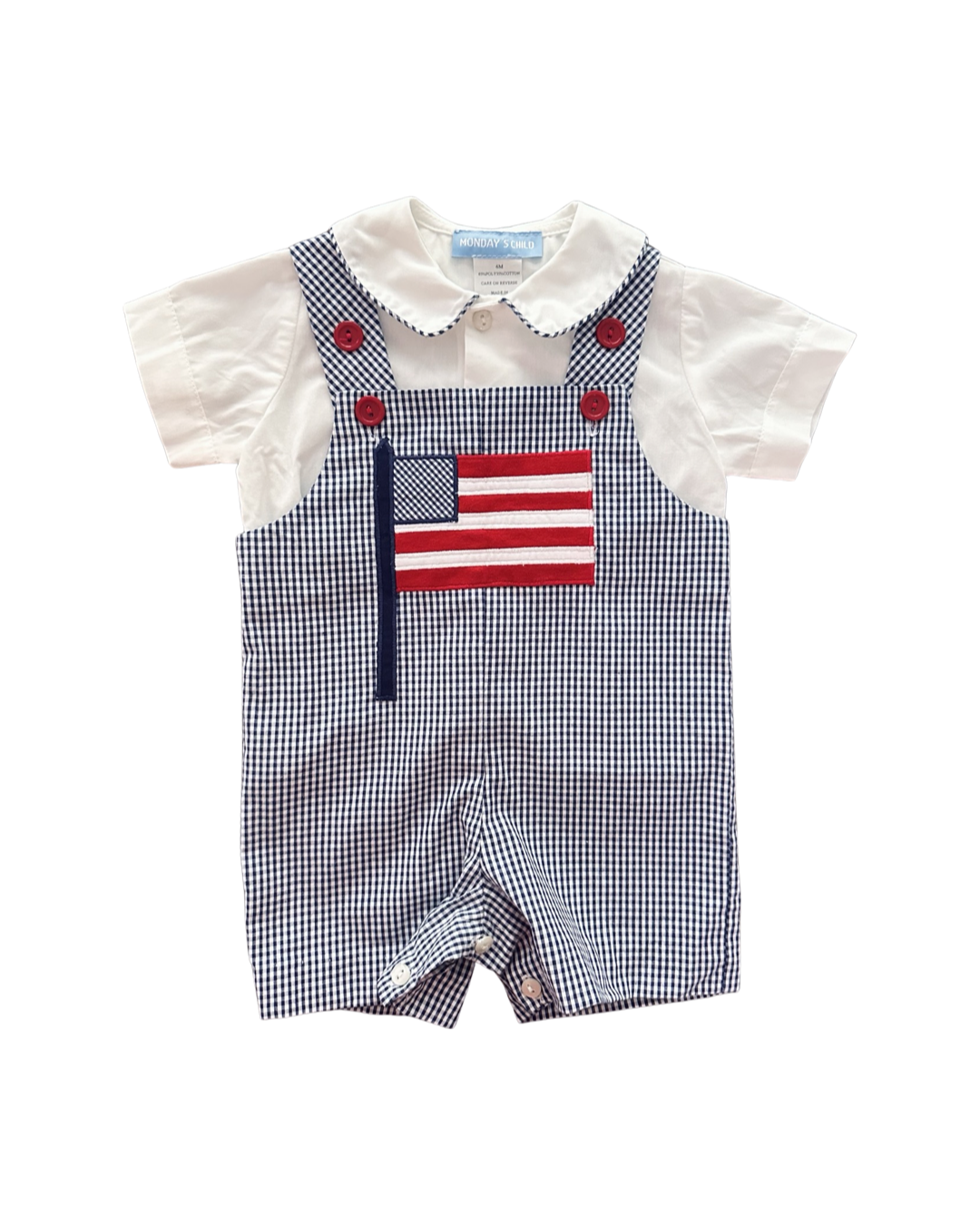 6M Baby Boy Mondays Child Boutique Blue Gingham American Flag Romper