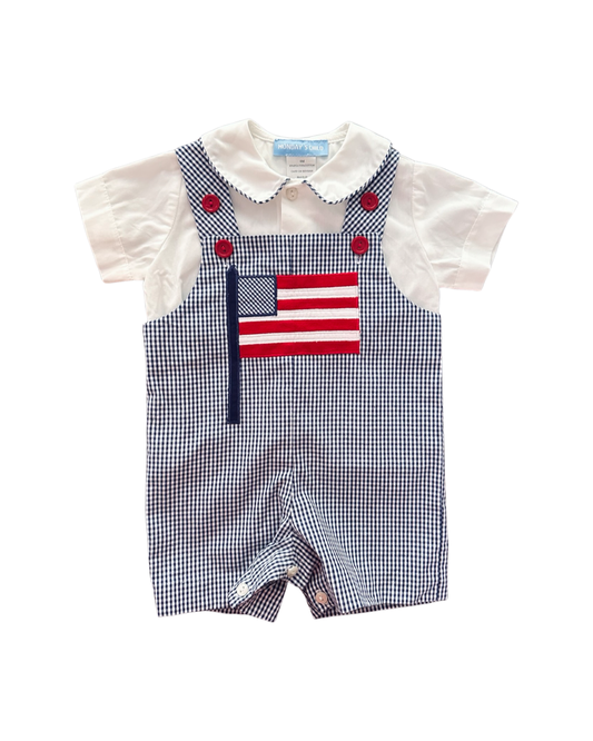 6M Baby Boy Mondays Child Boutique Blue Gingham American Flag Romper