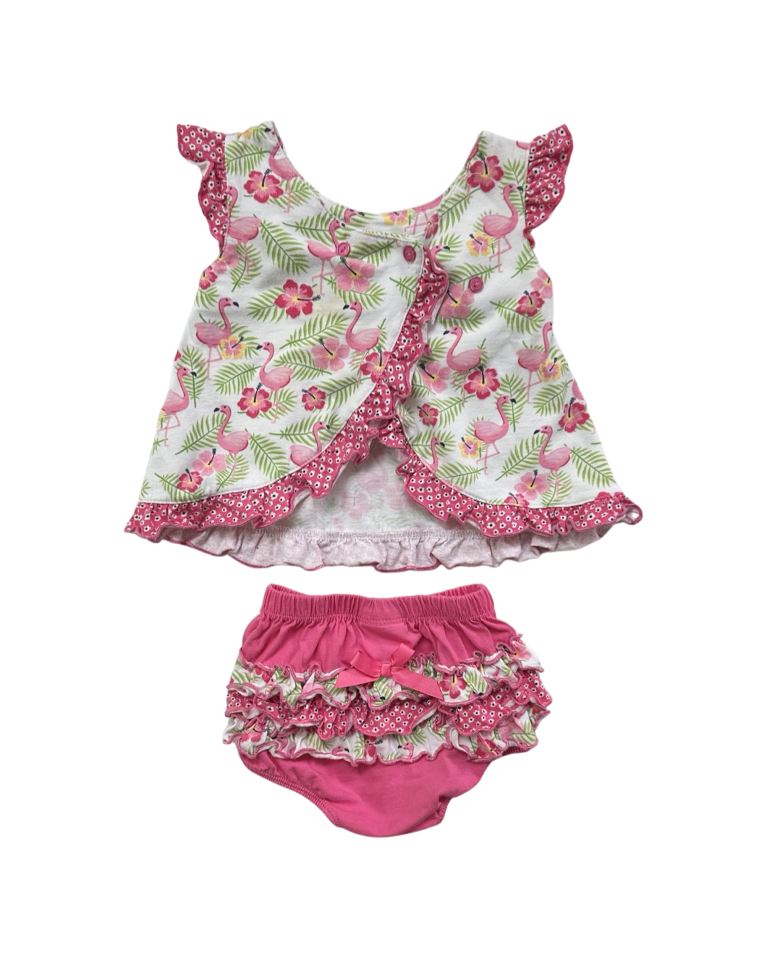 18M Baby Girl Nannette Baby Pink Flamingo Pinafore Top with Rufflebutt Bloomers