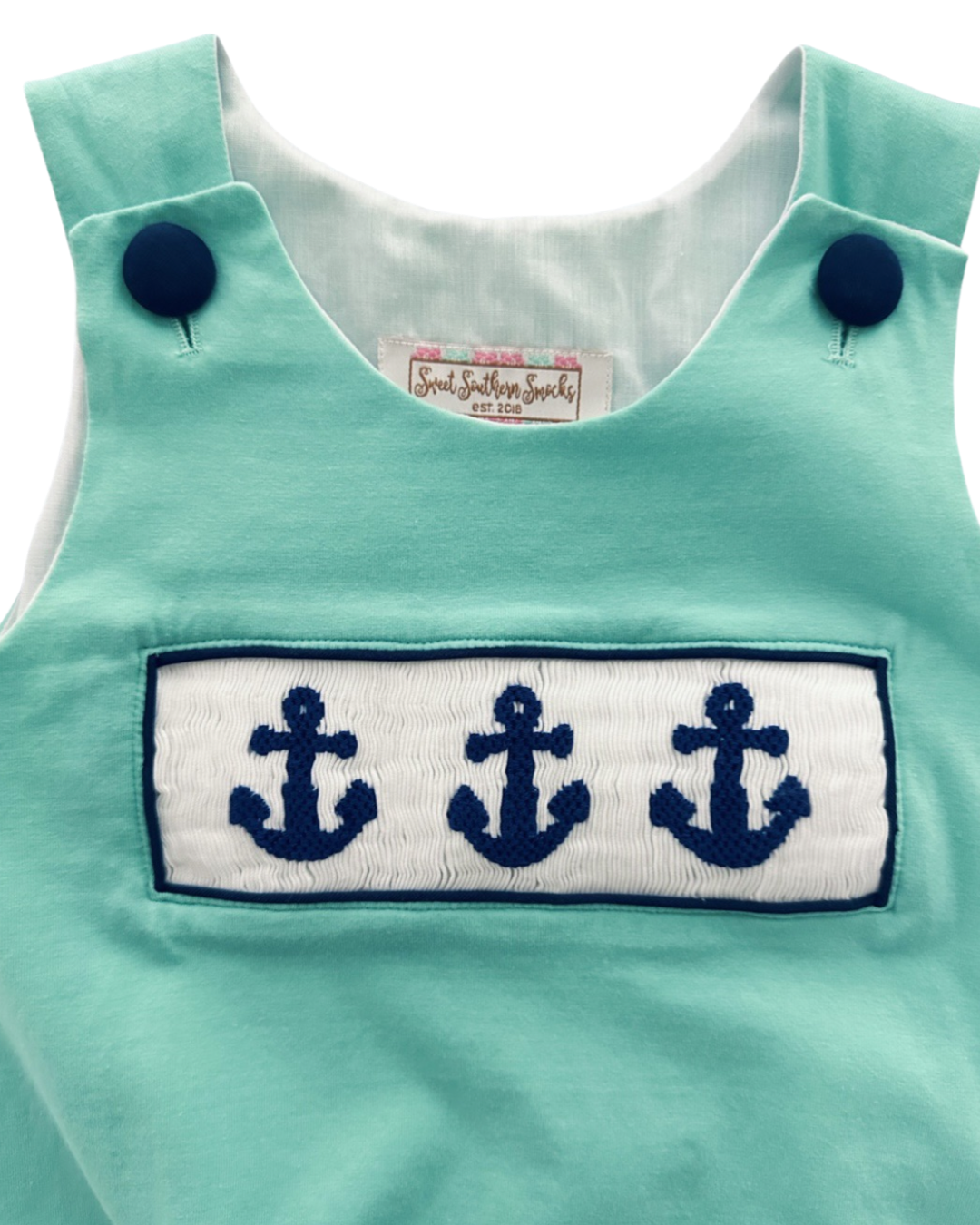 2T Toddler Boy Sweet Southern Smocks Aqua Bubble with Smocked Navy Anchors