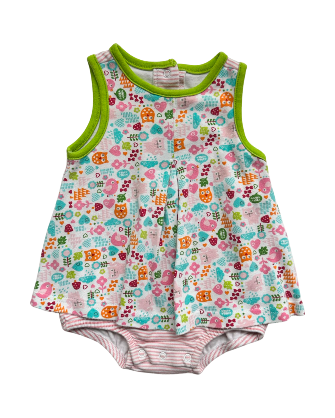 6M Baby Girl Zutano Vintage Cat Owl Bird Onesie Dress