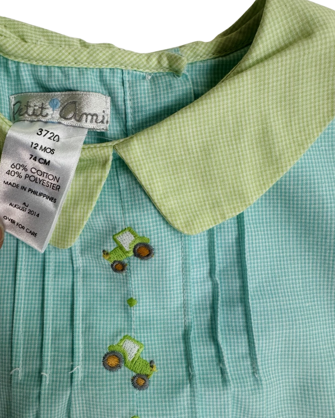 12M Baby Boy Petit Ami Aqua / Green Gingham Tractor Romper