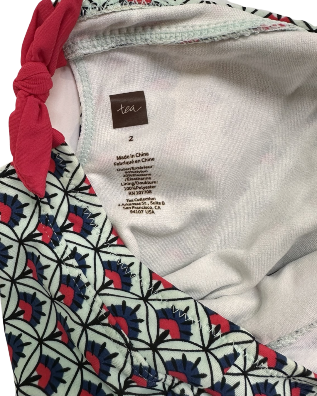 2T Toddler Girl Tea Collection  Red / Aqua Geometric One Piece Swim Suit