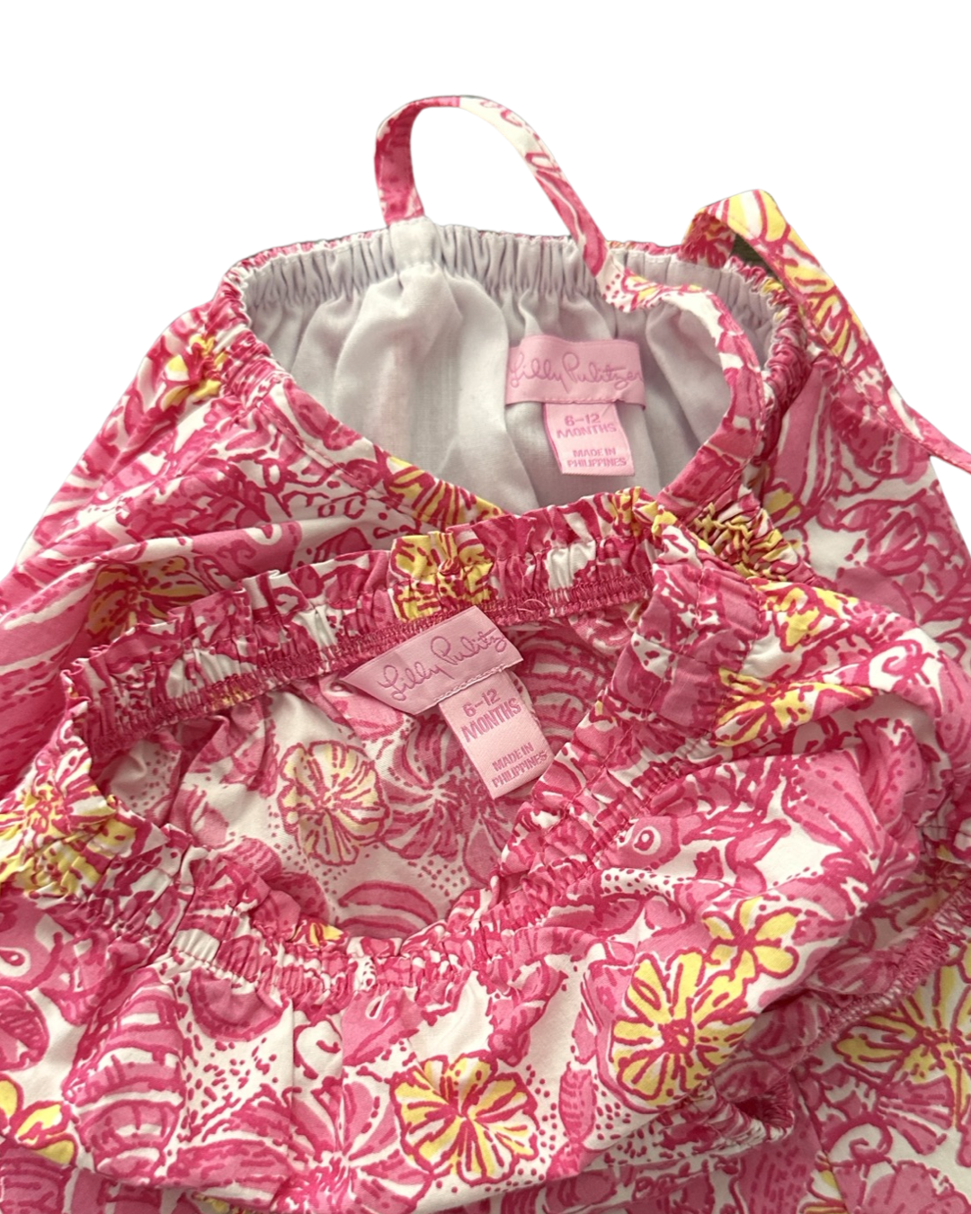 6-12M Baby Girl Lilly Pulitzer Smocked Pink Crab / Seashell / Fish Dress with Bloomers