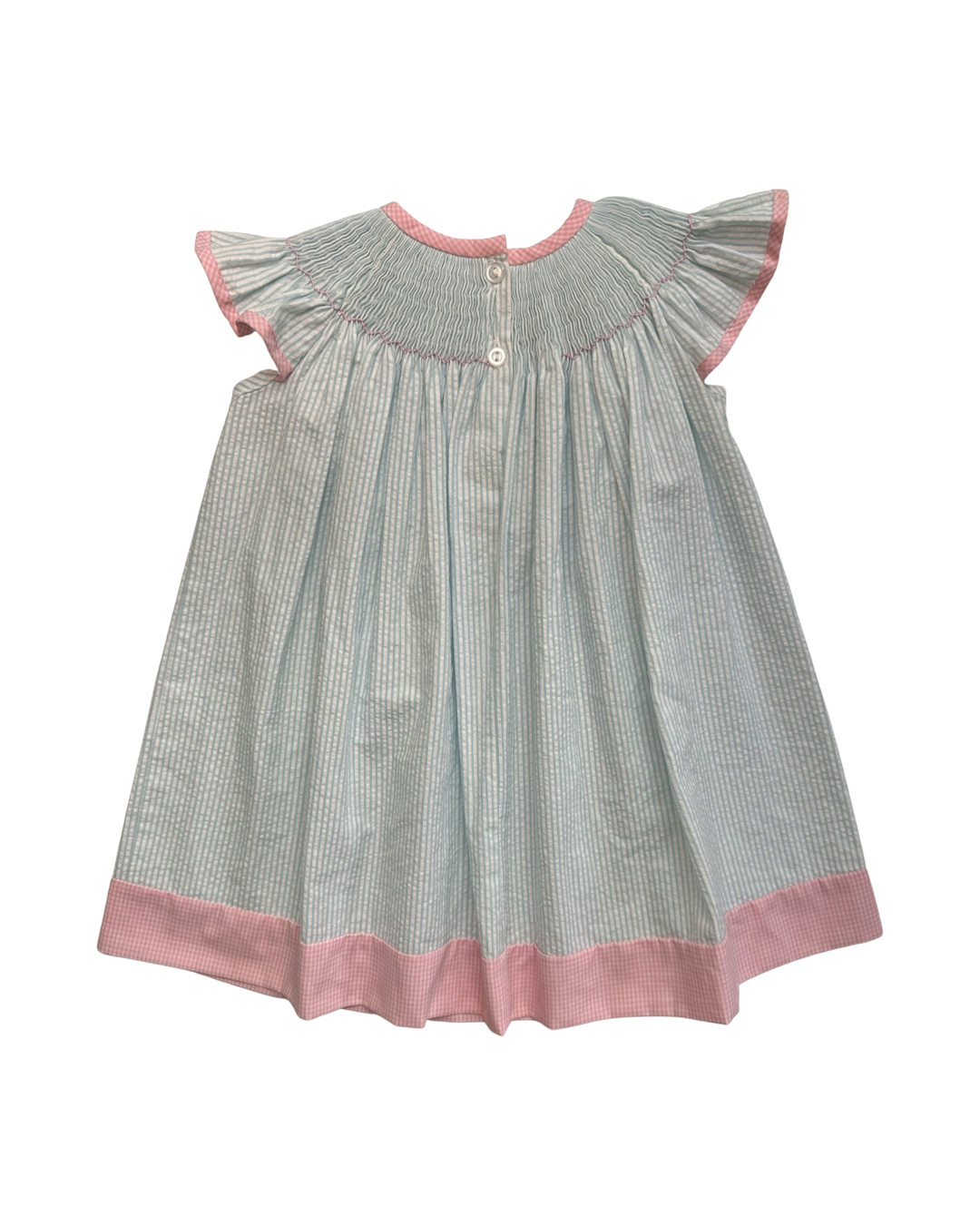 12M Baby Girl Blue / Pink Classic Whimsy Smocked Bunny Bum Flutter Sleeve Dress