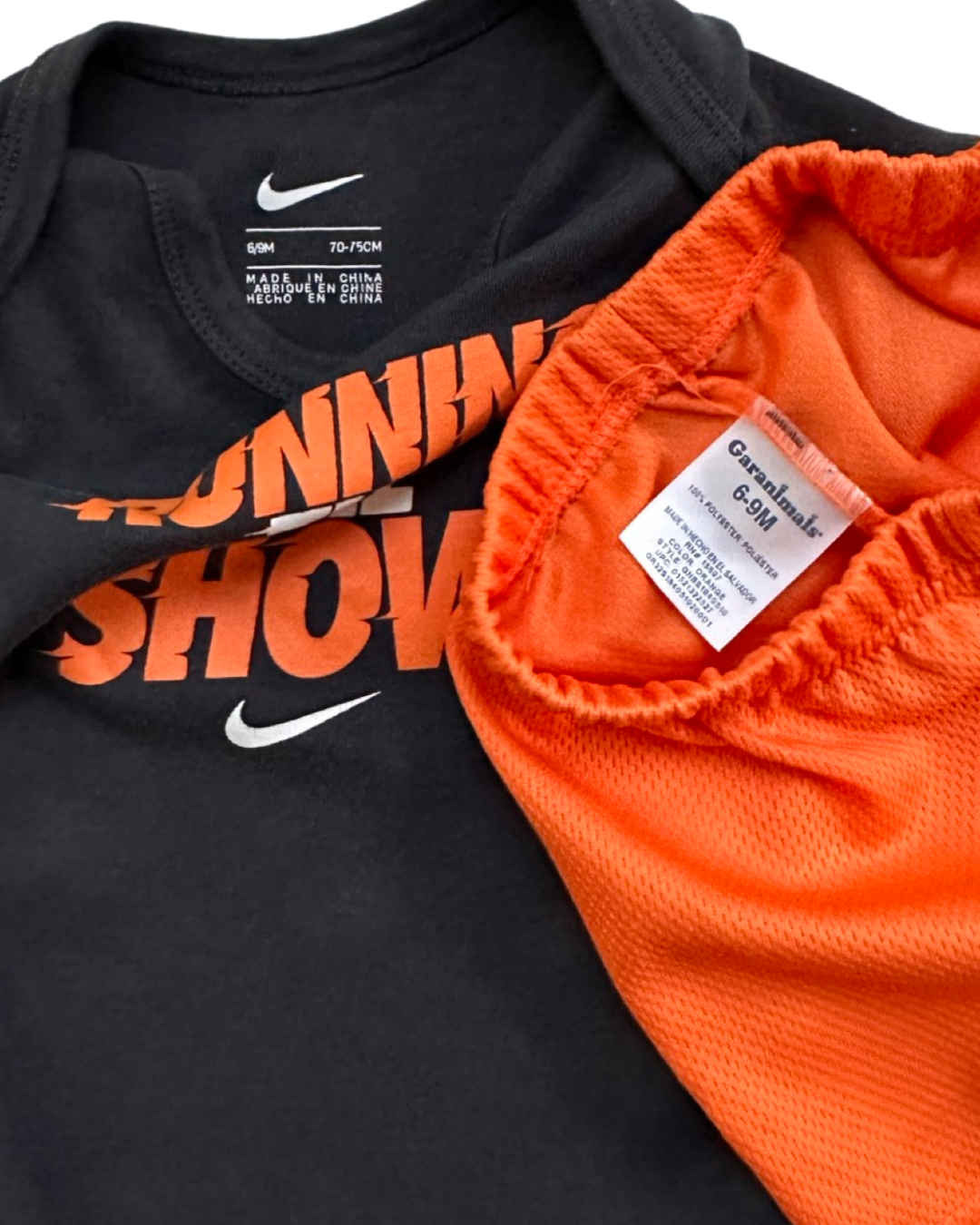 6-9M Baby Boy Nike Grey / Orange Onesie & Orange Athletic Shorts