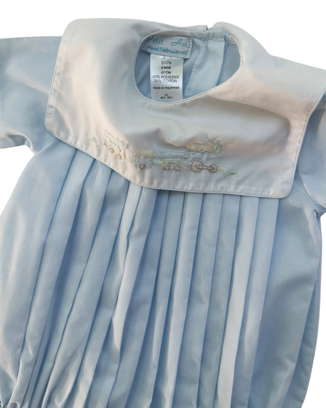 6M Baby Boy Classic Petit Ami Light Blue Bubble with Embroidered Train Collar