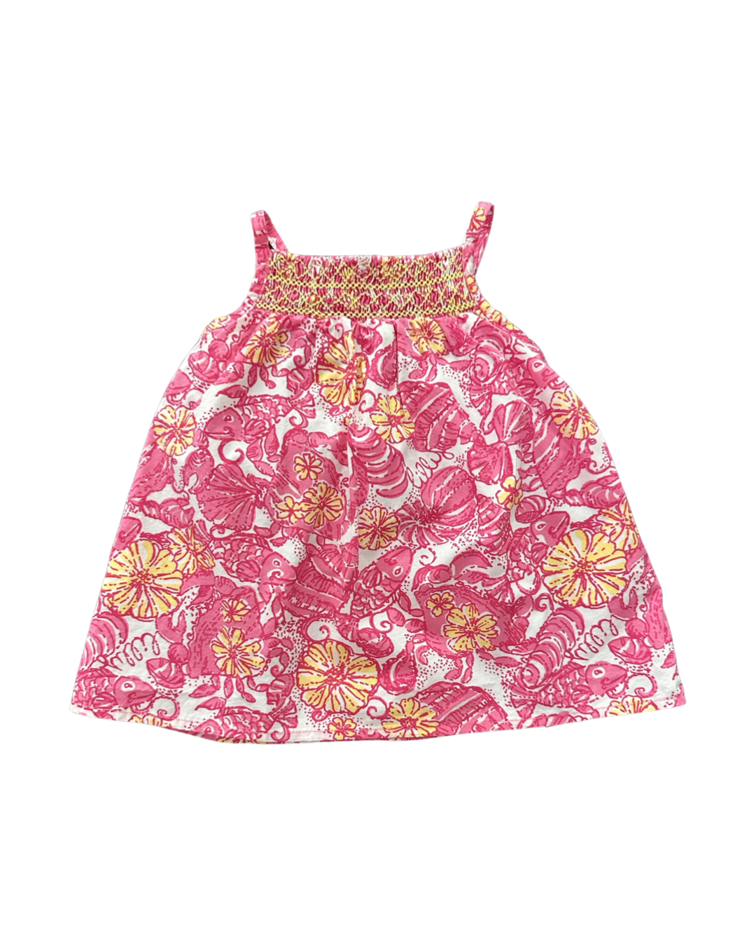 6-12M Baby Girl Lilly Pulitzer Smocked Pink Crab / Seashell / Fish Dress with Bloomers
