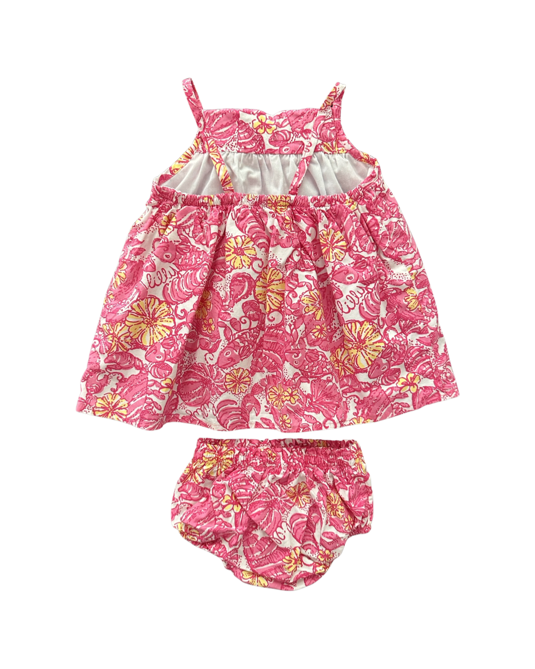 6-12M Baby Girl Lilly Pulitzer Smocked Pink Crab / Seashell / Fish Dress with Bloomers