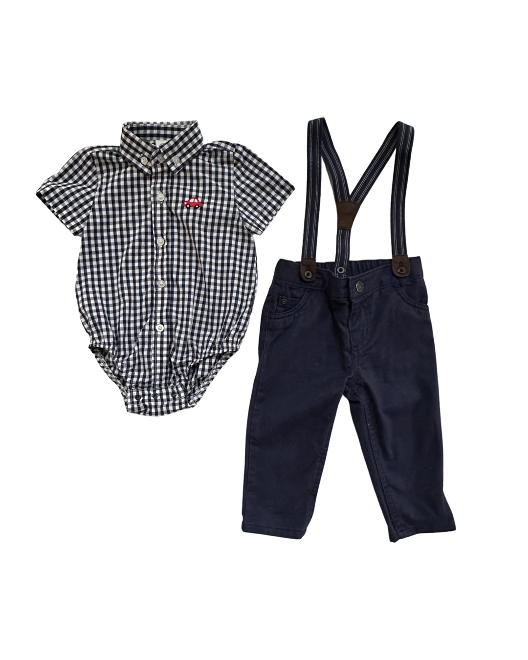 9M Baby Boy Navy Gingham Button Up w/ Navy Suspender Pants