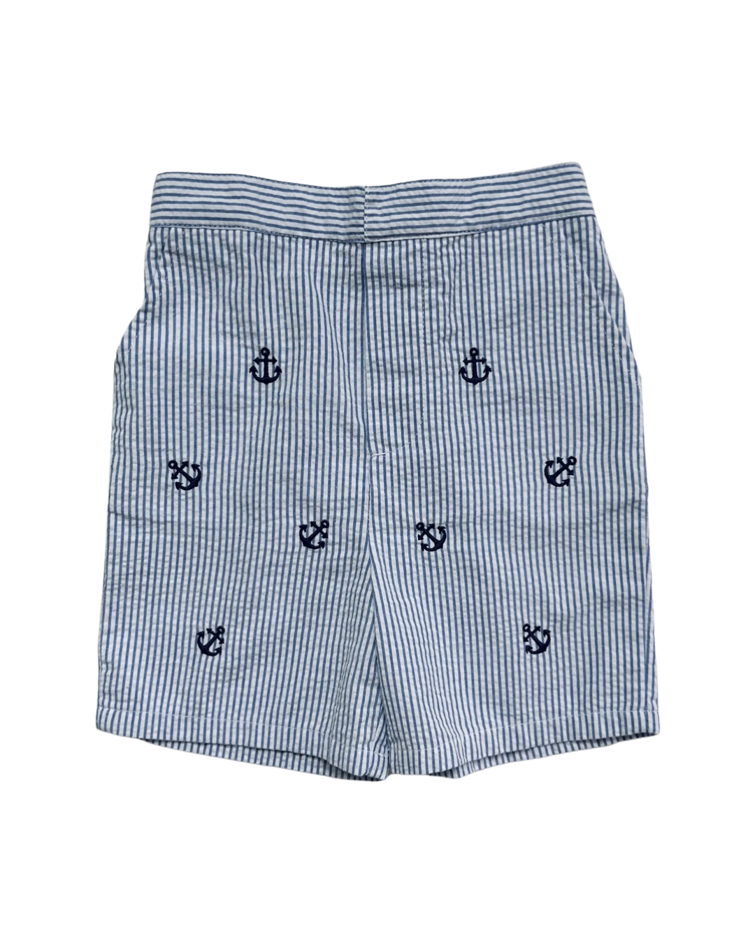 24M Baby Boy Blue Striped Seersucker Shorts with Navy Embroidered Anchors