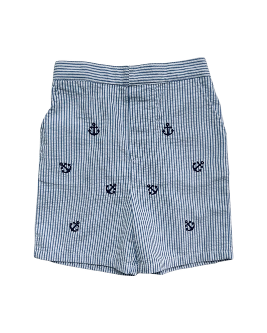 24M Baby Boy Blue Striped Seersucker Shorts with Navy Embroidered Anchors