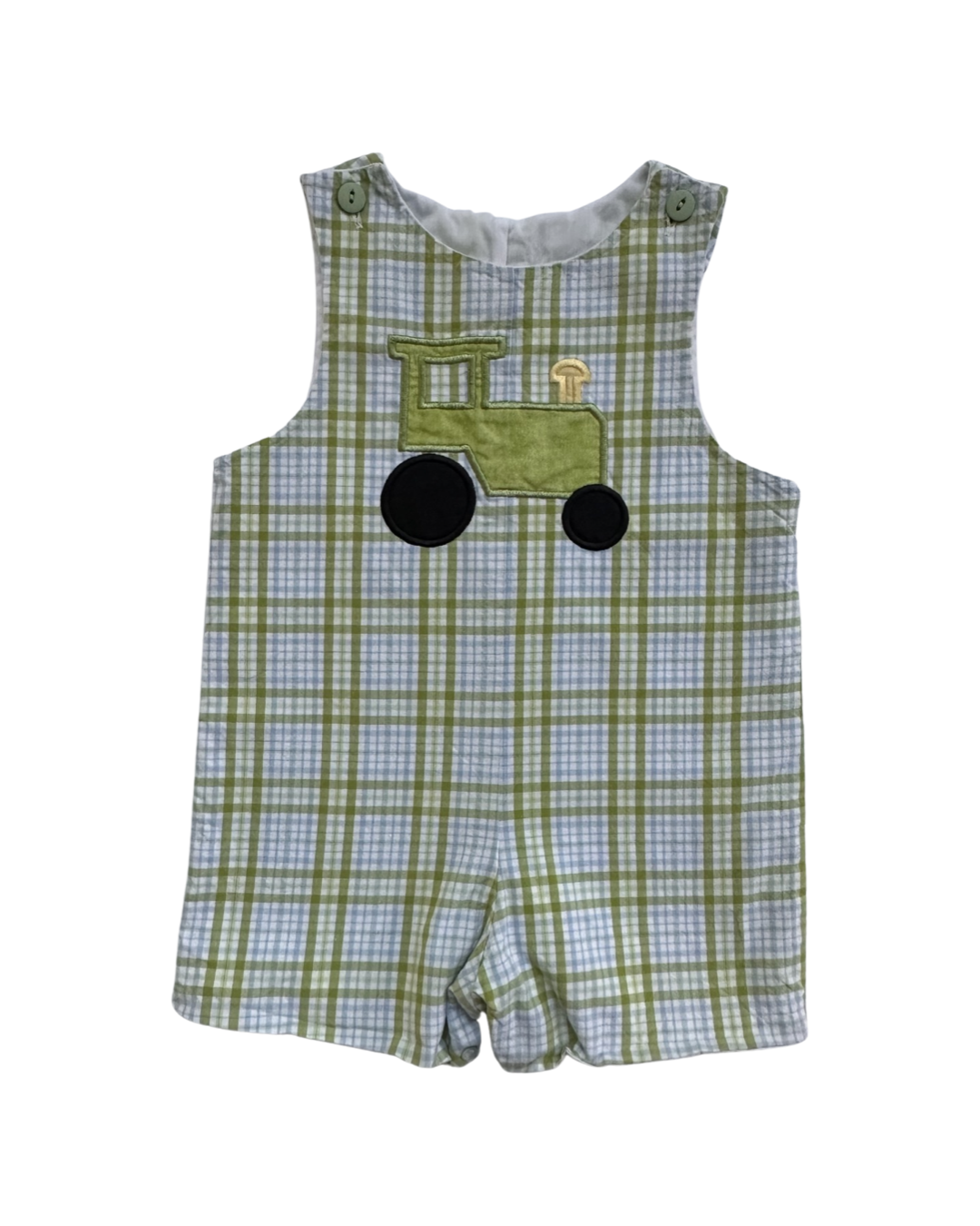24M Baby Boy Glorimont Green / Blue Plaid Tractor John John Romper