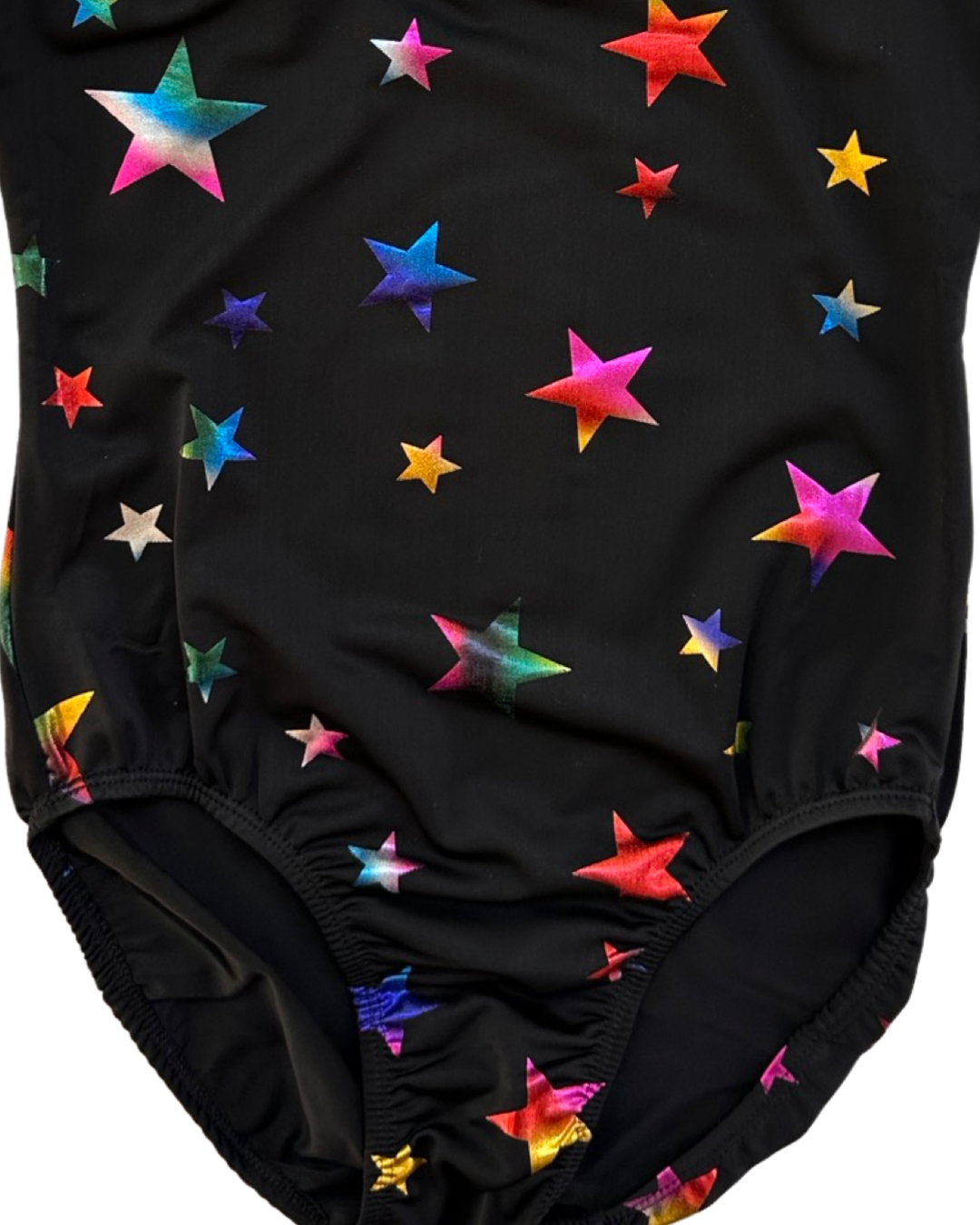 Youth Girls Size 12Y /14Y Black Dance / Gymnastics Leotard with Shimmer Iridescent Stars and Matching Scrunchie