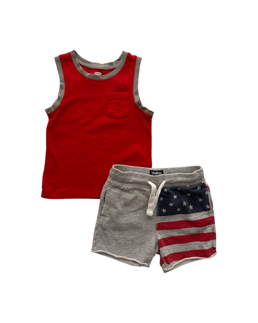 18M-24M Baby Boy American Flag Shorts and Old Navy Red Tank Top